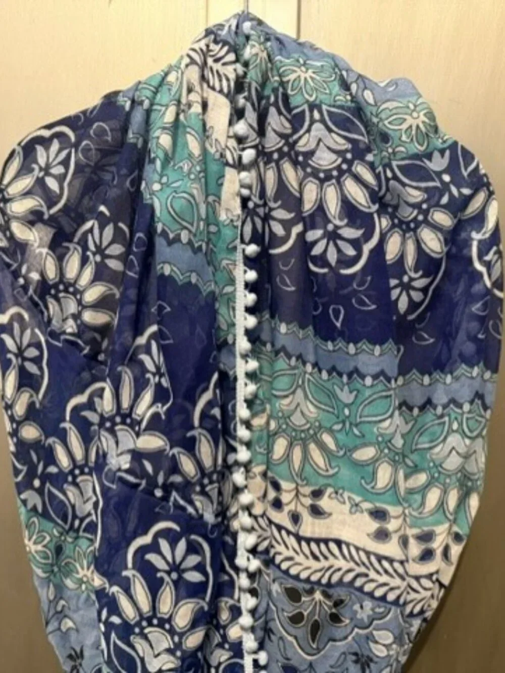 Boho Paisley Infinity Scarf with pom poms